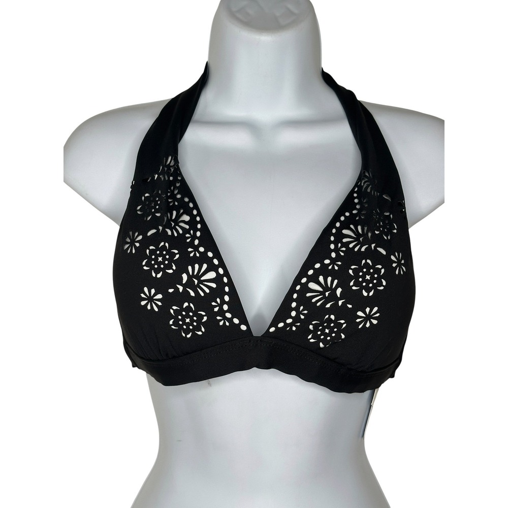 New Liz Claiborne Bikini Top 10 Black Laser Cut Floral Halter Swimwear Swim